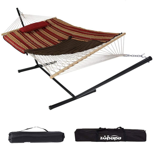 Zupapa 12' Cotton Rope Hammock with Pillow, Stand & Bags-Red Gold Stripe