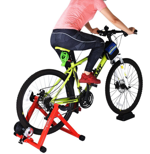 8 Levels Magnetic Resistance Indoor Bike Trainer Quiet Smooth Pedaling Bicycle Exercise Trainer Stand w Front Wheel Block and Quick Release Skewer Red
