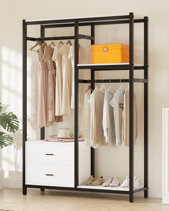 HOKEEPER 650lbs Freestanding Closet Organizer with Drawers and Shelves Heavy Duty Metal Wardrobe Closet Storage Shelves for Hanging Clothes Clothing Garment Rack Closet with Shelves for Bedroom White