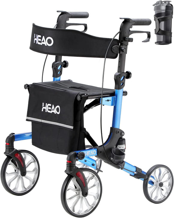 HEAO Rollator Walker with Shock Absorber, Easily Folds with 10-inch Front Wheels for Senior, Lightweight Mobility Walking Aid for Elderly, Blue