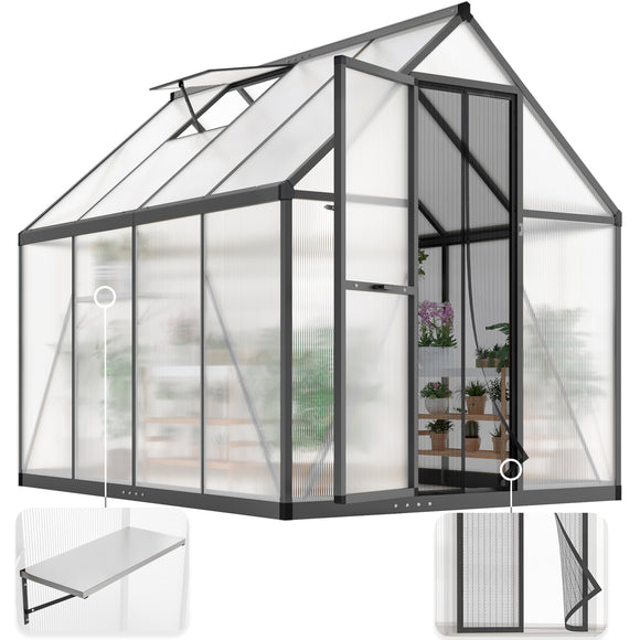 KING BIRD Greenhouse for Outdoors, 7.4x6 FT Polycarbonate Walk-in Green House for Outside, Aluminum Frame UV Resistant Panel Garden Backyard W/ Lockable Mesh Door Roof Vent, 2 Racks, Black