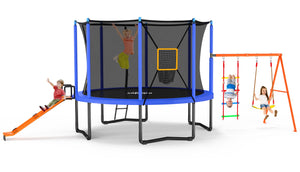 1200 LBS Capacity, 5 in 1 Trampoline with Enclosure, Slide, Swings and Football Net, Heavy Duty Backyard Trampoline Outdoor for Kids