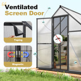 KING BIRD Greenhouse for Outdoors, 7.4x6 FT Polycarbonate Walk-in Green House for Outside, Aluminum Frame UV Resistant Panel Garden Backyard W/ Lockable Mesh Door Roof Vent, 2 Racks, Black