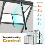 KING BIRD Greenhouse for Outdoors, 7.4x6 FT Polycarbonate Walk-in Green House for Outside, Aluminum Frame UV Resistant Panel Garden Backyard W/ Lockable Mesh Door Roof Vent, 2 Racks, Black