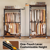 HOKEEPER Heavy Duty Rolling Garment Rack, Wood & Metal Clothing Rack with Shelves & Double Hanging Rods, Adjustable Height Freestanding Wardrobe for Bedroom, Closet Organizer, Max Load 450 LBS