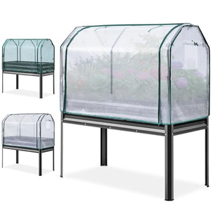 KING BIRD Large Raised Garden Bed with Cover & Netting Galvanized Elevated Planter Box with Legs 48×24×56 in for Backyard, Patio, Balcony, 400lb Capacity, Dark Grey