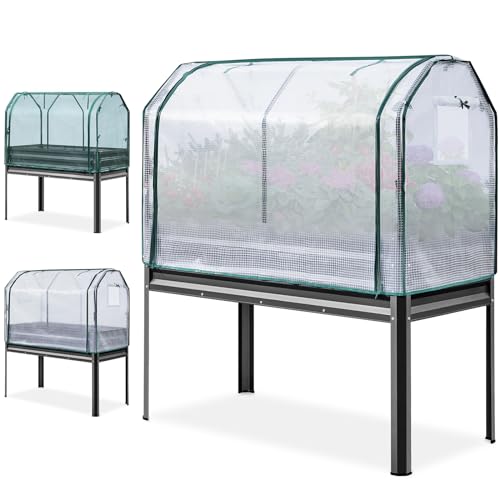 KING BIRD Large Raised Garden Bed with Cover & Netting Galvanized Elevated Planter Box with Legs 48×24×56 in for Backyard, Patio, Balcony, 400lb Capacity, Dark Grey