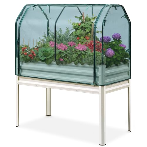 KING BIRD Large Raised Garden Bed with Netting Galvanized Elevated Planter Box with Legs 48×24×56 in for Backyard, Patio, Balcony, 400lb Capacity, Beige