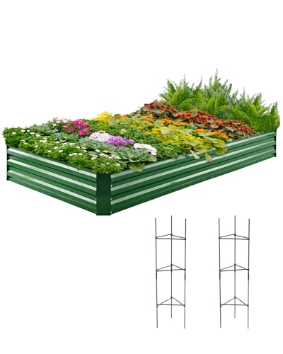 Quictent Galvanized Raised Garden Bed 8x4x1 Ft Metal Planter Box for Vegetables Bottomless for Backyard, 2 Tomato Cages Included, Green