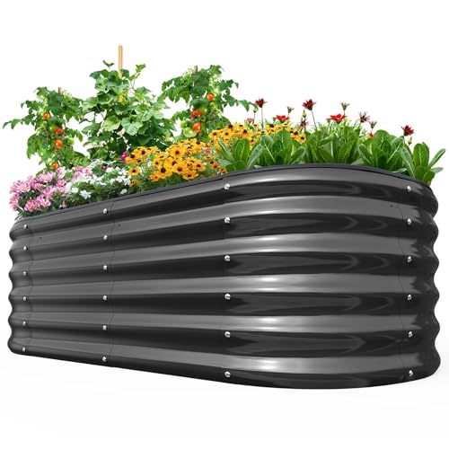 Quictent Galvanized Raised Garden Bed Kit, 6x3x1.5 ft Oval Metal Planter Box Tall for Vegetables Outdoor Backyard, Rubber Strip Edging Included, Dark Gray