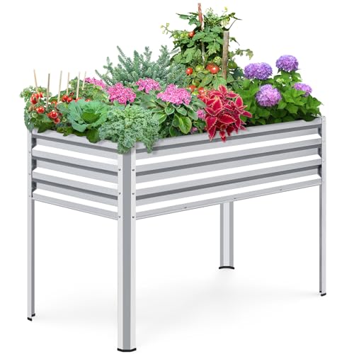 KING BIRD Large Raised Garden Bed with Legs Galvanized Elevated Planter Box 48×24×30 in for Backyard, Patio, Balcony, 400lb Capacity, Silver