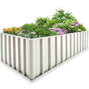 KING BIRD Galvanized Raised Garden Bed with 2 Installation Methods for DIY, 101" x 36" x 24" Heightened Planter Kit Box Outdoor for Deep-Rooted Vegetables, Flowers, Ivory