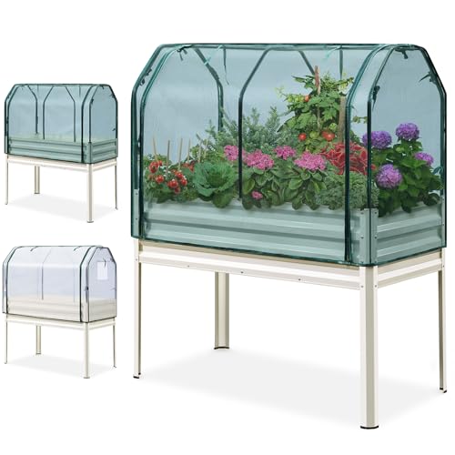 KING BIRD Raised Garden Bed with Cover & Netting Galvanized Elevated Large Planter Box with Legs 48×24×56 in for Backyard, Patio, Balcony, 400lb Capacity, Beige