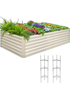 Quictent Galvanized Raised Garden Bed 8x4x2 Ft Tall Metal Planter Box for Vegetables Bottomless for Backyard, 2 Tomato Cages Included, 22.04" Deep, Beige
