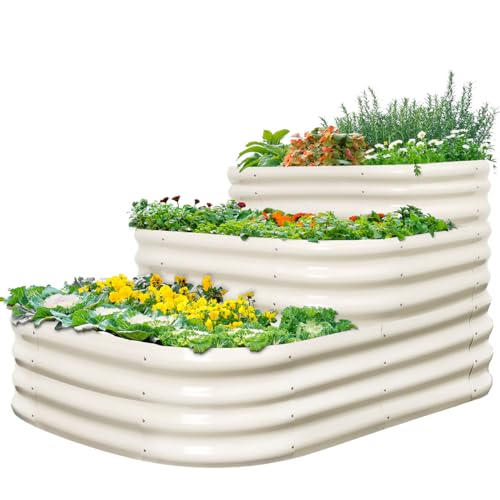 Quictent Galvanized Tiered Raised Garden Bed Kit, 43x63x31.5 in Oval Planting Box, for Vegetables Outdoor 3-in-1 Assembly Modular, Beige