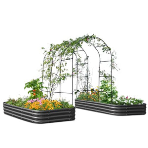 KING BIRD Raised Garden Bed with Arched Trellis Galvanized Planter Garden Box Outdoor for Gardening, Climbing Vegetables, Flowers 7.87x3.94x0.98 Ft 2PCS, Dark Grey