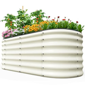 Quictent Galvanized Raised Garden Bed Kit, 6x3x2 ft Oval Metal Planter Box Tall for Vegetables Outdoor Backyard, Rubber Strip Edging Included, Beige