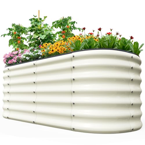 Quictent Galvanized Raised Garden Bed Kit, 6x3x2 ft Oval Metal Planter Box Tall for Vegetables Outdoor Backyard, Rubber Strip Edging Included, Beige