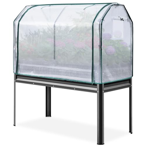 KING BIRD Large Raised Garden Bed with Cover Galvanized Elevated Planter Box with Legs 48×24×56 in for Backyard, Patio, Balcony, 400lb Capacity, Dark Grey