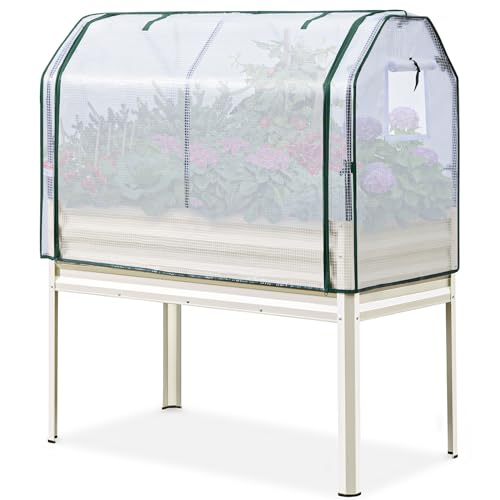 KING BIRD Large Raised Garden Bed with Cover Galvanized Elevated Planter Box with Legs 48×24×56 in for Backyard, Patio, Balcony, 400lb Capacity, Beige