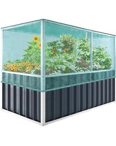 KING BIRD 68" x 36" x 46.5" Raised Garden Bed with Garden Anti-Bird Protection Netting Structure Galvanized Steel Metal Heightened Planter Kit Box with 8pcs T-Type Tags & 2 Pairs of Gloves Dark Grey