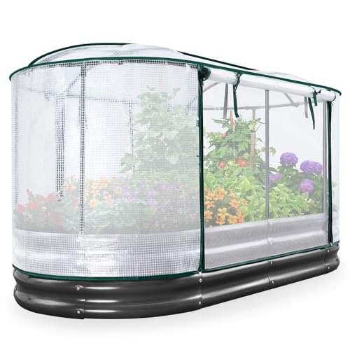 KING BIRD Raised Garden Bed with Cover Galvanized Oval Planter Garden Box Outdoor for Gardening, Vegetables, Flowers 71x36x12 in, White
