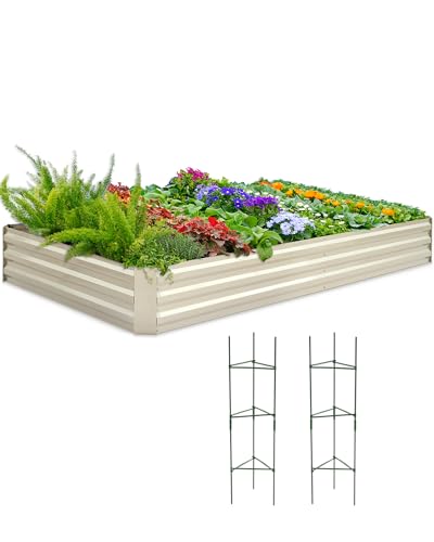 Quictent Galvanized Raised Garden Bed 8x4x1 Ft Metal Planter Box for Vegetables Outdoor, Bottomless for Backyard, 2 Tomato Cages Included (Beige)