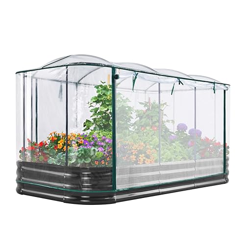 KING BIRD Raised Garden Bed with Cover Galvanized Oval Planter Garden Box Outdoor for Gardening, Vegetables, Flowers 94.5x47.2x11.8 in, Clear