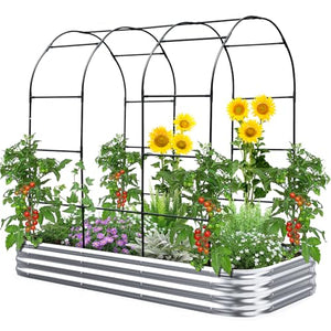 KING BIRD Raised Garden Bed with Arched Trellis Galvanized Planter Garden Box Outdoor for Gardening, Climbing Vegetables, Flowers 7.87x3.94x0.98 Ft, Silver
