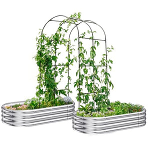 KING BIRD Raised Garden Bed with Arched Trellis Galvanized Planter Garden Box Outdoor for Gardening, Climbing Vegetables, Flowers 5.9x2.95x0.98 Ft 2PCS, Silver