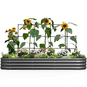KING BIRD Raised Garden Bed with Wall Trellis Galvanized Planter Garden Box Outdoor for Gardening, Climbing Vegetables, Flowers 7.87x3.94x0.98 Ft, Dark Grey