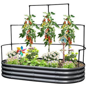 KING BIRD Raised Garden Bed with Wall Trellis Galvanized Planter Garden Box Outdoor for Gardening, Climbing Vegetables, Flowers 5.9x2.95x0.98 Ft, Dark Grey