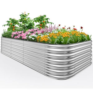 Quictent Galvanized Tall Raised Garden Bed Kit, 8x4x2 ft Oval Large Planting Box Rubber Strip Edging, for Vegetables Outdoor Strengthened by Crossbar (Silver)