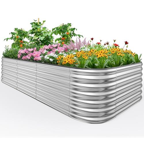 Quictent Galvanized Tall Raised Garden Bed Kit, 8x4x2 ft Oval Large Planting Box Rubber Strip Edging, for Vegetables Outdoor Strengthened by Crossbar (Silver)