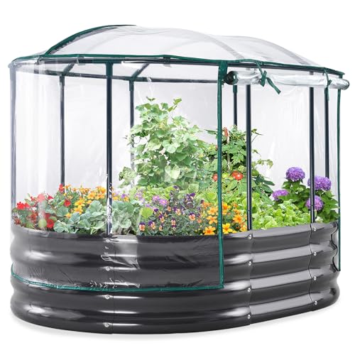 KING BIRD Raised Garden Bed with Cover Galvanized Oval Planter Garden Box Outdoor for Gardening, Vegetables, Flowers 47.2x35.4x11.8 in, Clear