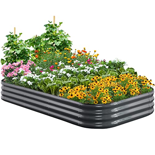 Quictent Galvanized Raised Garden Bed Kit, 8x4x1 ft Oval Metal Planter Box for Vegetables, Rubber Strip Edging Included (Dark Gray)
