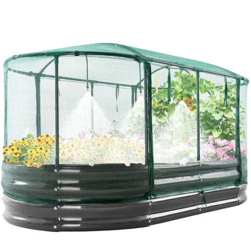 Quictent Galvanized Raised Garden Bed Kit with Self Watering System and Mesh Cover, Large Oval Metal Outdoor Planter Garden Boxes for Vegetables Herbs Flowers, 8x3x1Ft