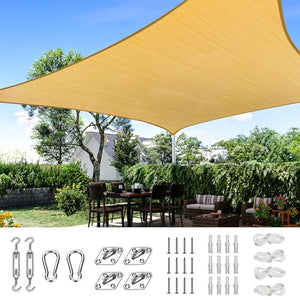 Quictent 20X20FT 185G HDPE Square Sun Shade Sail Canopy 98% UV Block Outdoor Patio Garden with Hardware Kit (Sand)