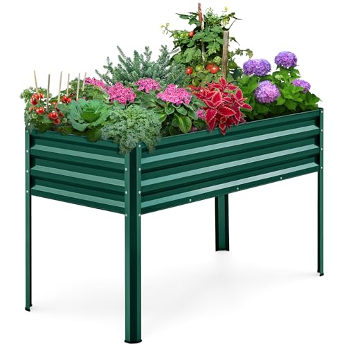 KING BIRD Large Raised Garden Bed with Legs Galvanized Elevated Planter Box 48×24×30 in for Backyard, Patio, Balcony, 400lb Capacity, Green
