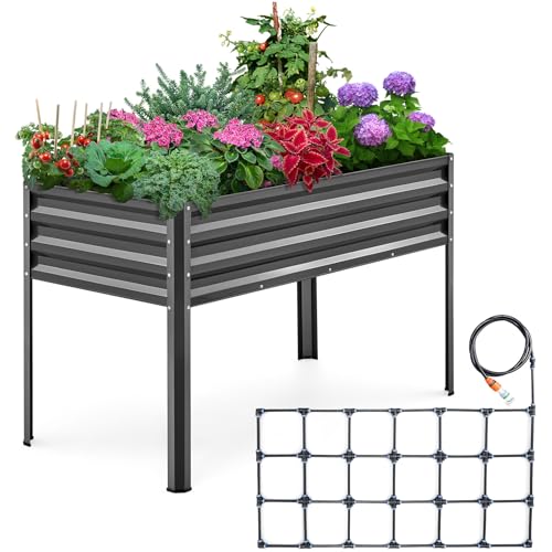 KING BIRD Raised Garden Bed with Irrigation System and Legs Galvanized Elevated Planter Box 48×24×30 in for Backyard, Patio, Balcony, 400lb Capacity, Dark Grey