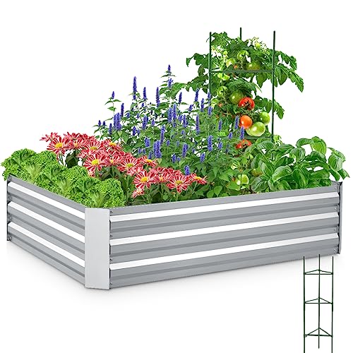 Quictent Galvanized Raised Garden Bed 4x3x1 Ft Metal Planter Box for Vegetables Bottomless for Backyard, Include 1 Tomato Cage, Silver