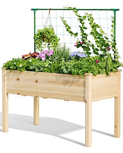 Quictent Raised Garden Bed with Trellis Elevated Wood Planter Box Stand for Backyard, Patio, Balcony w/Bed Liner, 200lb Capacity 48x24x30in