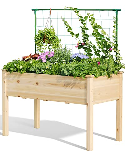 Quictent Raised Garden Bed with Trellis Elevated Wood Planter Box Stand for Backyard, Patio, Balcony w/Bed Liner, 200lb Capacity 48x24x30in