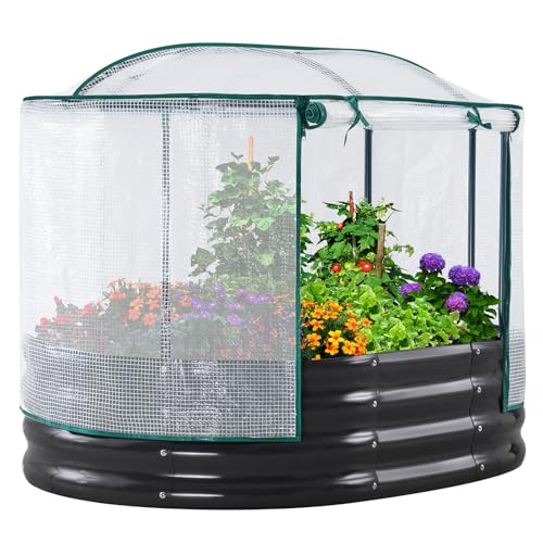 KING BIRD Raised Garden Bed with Cover Galvanized Oval Planter Garden Box Outdoor for Gardening, Vegetables, Flowers 47.2x35.4x11.8 in, White