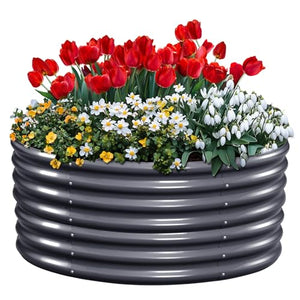 KING BIRD Raised Garden Bed Galvanized Round Planter Box Outdoor for Gardening, Plants, Vegetables, Flowers, Dark Grey, 47x47x12 in 2 Packs