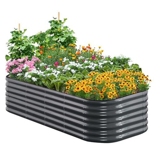 Quictent Galvanized Raised Garden Bed Kit, 6x3x2 ft Oval Metal Planter Box Tall for Vegetables Outdoor Backyard, Rubber Strip Edging Included, Dark Gray