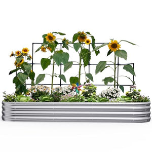 KING BIRD Raised Garden Bed with Wall Trellis Galvanized Planter Garden Box Outdoor for Gardening, Climbing Vegetables, Flowers 7.87x3.94x0.98 Ft, Silver