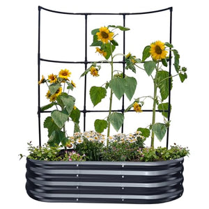 KING BIRD Raised Garden Bed with Wall Trellis Galvanized Planter Garden Box Outdoor for Gardening, Climbing Vegetables, Flowers 3.94x2.95x0.98 Ft, Dark Grey