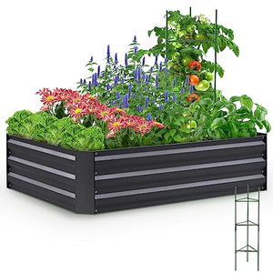 KING BIRD Raised Garden Bed with Bottom Galvanized Planter Garden Box Outdoor for Gardening, Vegetables, Flowers, 3x1x1 ft, Beige