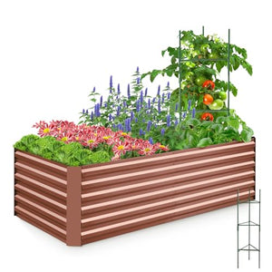 Quictent Galvanized Raised Garden Bed Metal Planter Box Bottomless for Backyard Outdoor, Include 1 pc Tomato Cage, Terracotta, 6x3x2 Ft